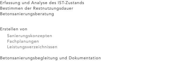 Erfassung und Analyse des IST-Zustands Bestimmen der Restnutzungsdauer Betonsanierungsberatung Erstellen von Sanierungskonzepten Fachplanungen Leistungsverzeichnissen Betonsanierungsbegleitung und Dokumentation