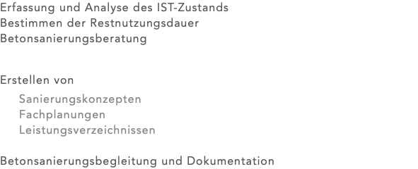 Erfassung und Analyse des IST-Zustands Bestimmen der Restnutzungsdauer Betonsanierungsberatung Erstellen von Sanierungskonzepten Fachplanungen Leistungsverzeichnissen Betonsanierungsbegleitung und Dokumentation